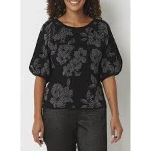 Liz Claiborne Black Gray Floral Half Sleeve Metallic Thread Sweater PM NWT